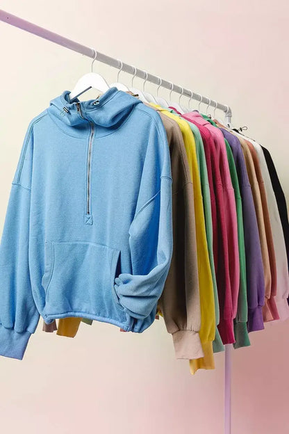 BiBi Stitch Detailed Elastic Hem Half Zip Fleece Hoodie - Hem Half Zip Fleece Hoodie