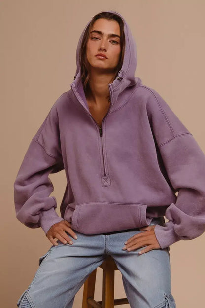 BiBi Stitch Detailed Elastic Hem Half Zip Fleece Hoodie