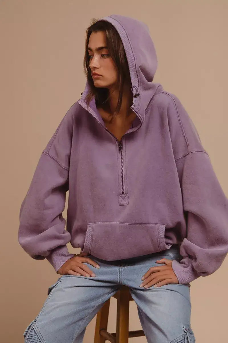 BiBi Stitch Detailed Elastic Hem Half Zip Fleece Hoodie