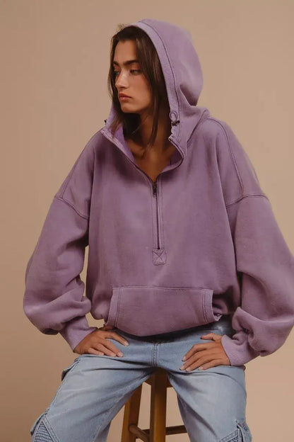 BiBi Stitch Detailed Elastic Hem Half Zip Fleece Hoodie