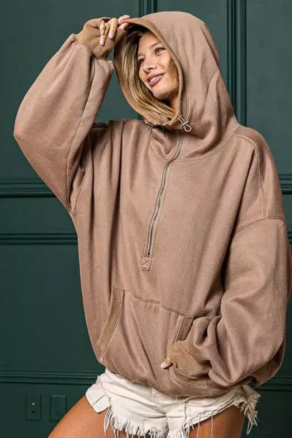 BiBi Stitch Detailed Elastic Hem Half Zip Fleece Hoodie