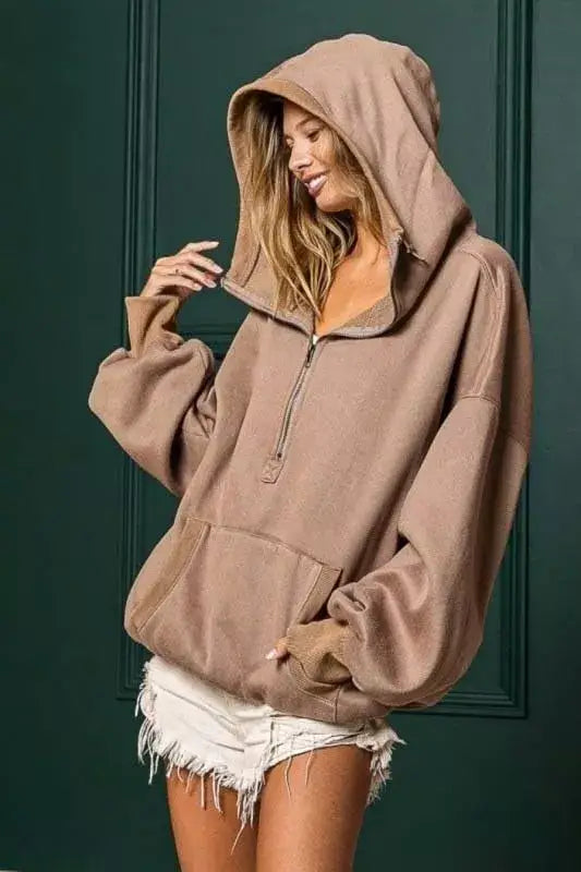 BiBi Stitch Detailed Elastic Hem Half Zip Fleece Hoodie
