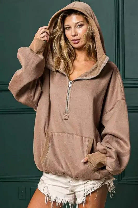 BiBi Stitch Detailed Elastic Hem Half Zip Fleece Hoodie - MOCHA / S