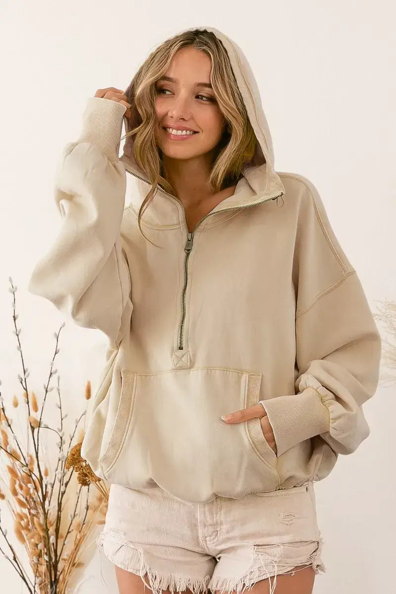 BiBi Stitch Detailed Elastic Hem Half Zip Fleece Hoodie - OATMEAL / S - Half Zip Fleece Hoodie