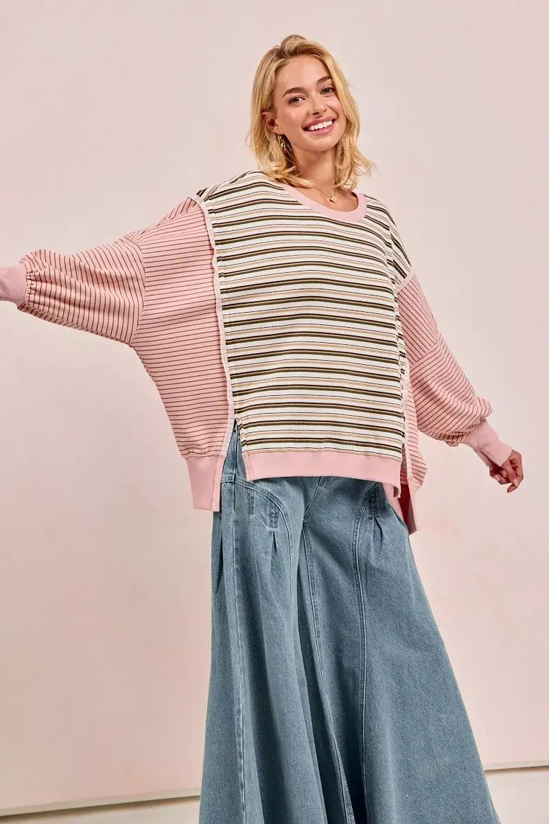 BiBi Stripe Mixed Top With Cut Edge And Reverse Outseam