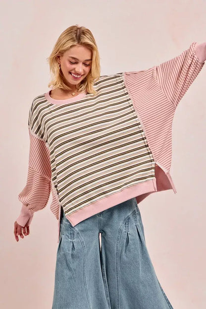 BiBi Stripe Mixed Top With Cut Edge And Reverse Outseam - OATMEAL/PINK / S