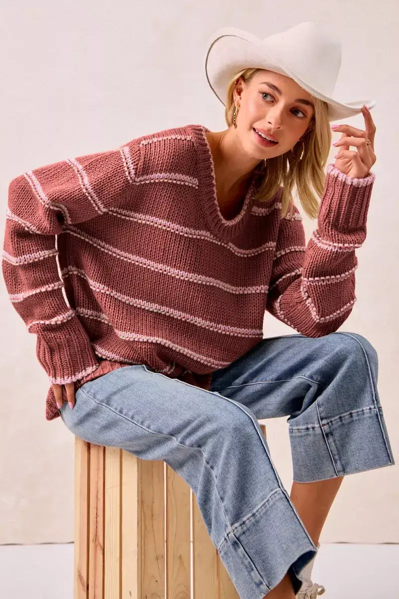BiBi Striped Long Sleeve Sweater - MARSALA / S