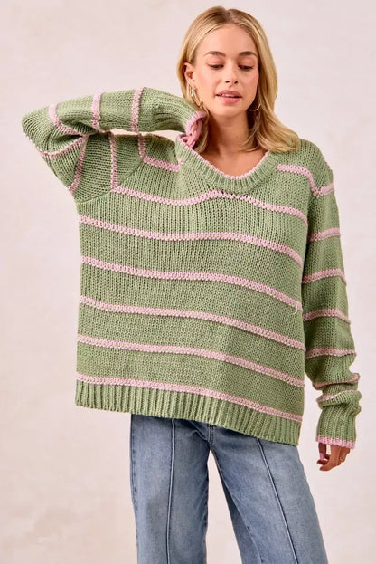 BiBi Striped Long Sleeve Sweater - SAGE GREEN / S