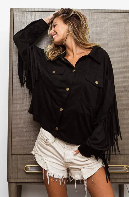 BiBi Suede Fringe Long Sleeve Jacket - Long Sleeve Jacket