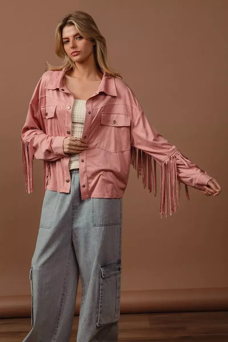 BiBi Suede Fringe Long Sleeve Jacket