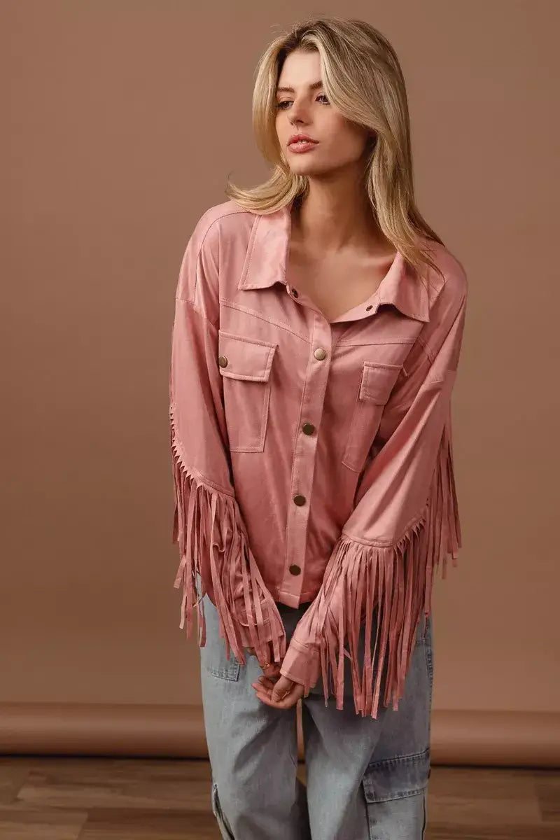 BiBi Suede Fringe Long Sleeve Jacket