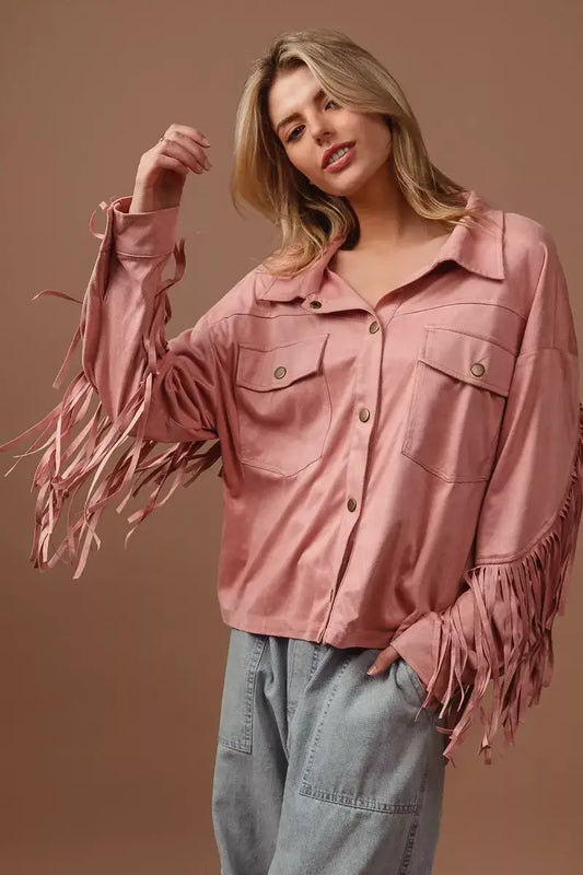 BiBi Suede Fringe Long Sleeve Jacket - BLUSH / S