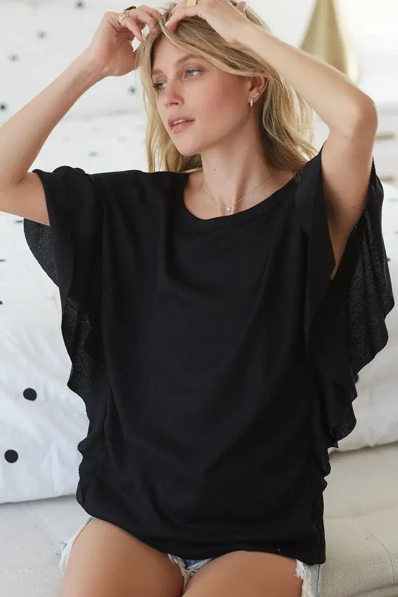 BiBi Thermal Knit with Ruffled Sleeve Top
