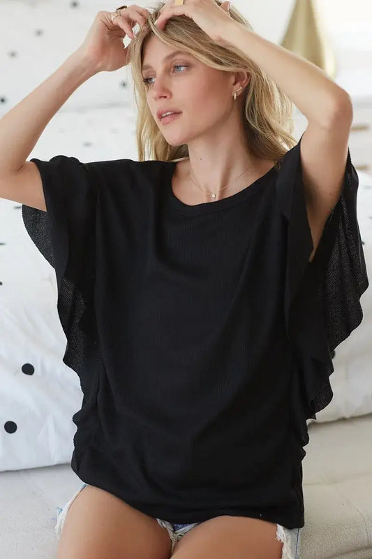 BiBi Thermal Knit with Ruffled Sleeve Top