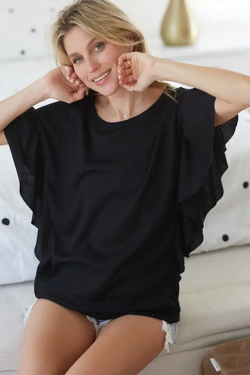 BiBi Thermal Knit with Ruffled Sleeve Top - BLACK / S