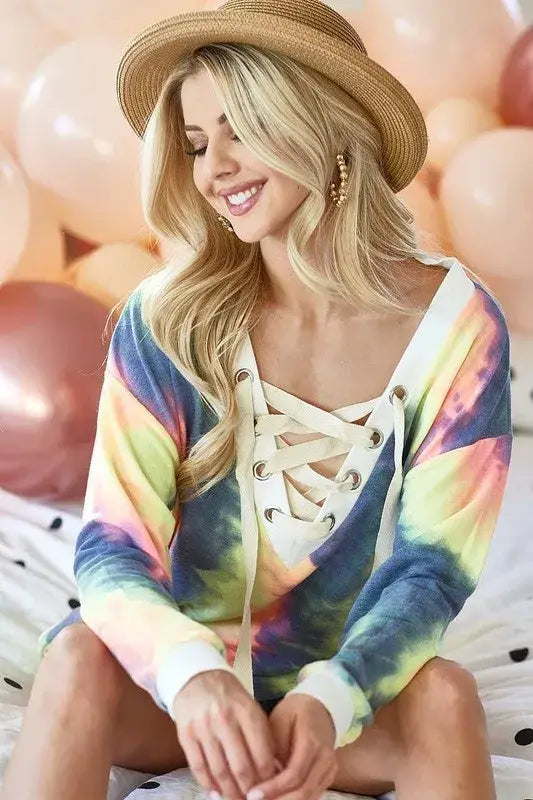 BiBi Tie Dye Deep V-Neck Top with Lace Up Front - Top with Lace Up Front