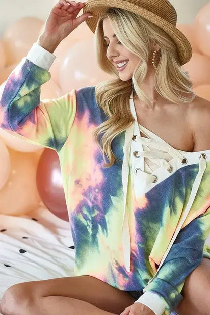 BiBi Tie Dye Deep V-Neck Top with Lace Up Front - Top with Lace Up Front