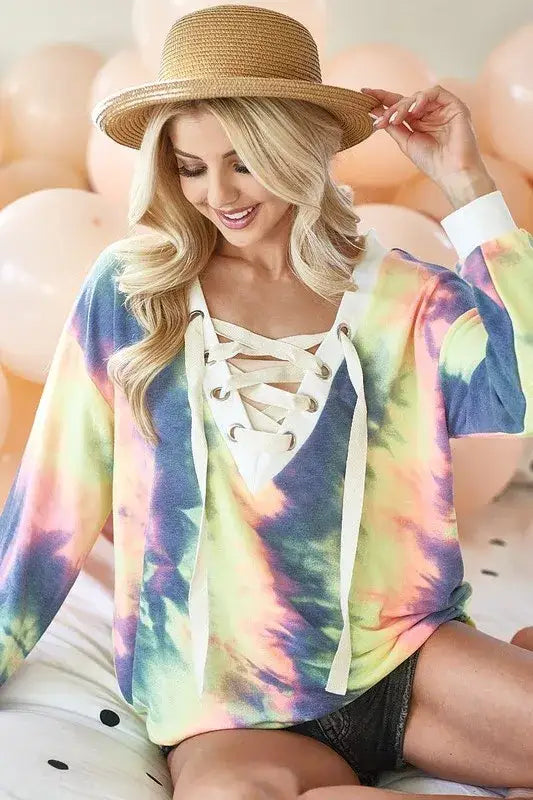 BiBi Tie Dye Deep V-Neck Top with Lace Up Front - Top with Lace Up Front