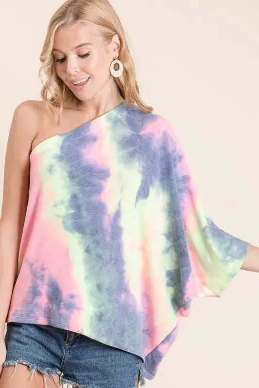 Pastel tie-dye French terry one-shoulder top with bell sleeves and distressed denim shorts