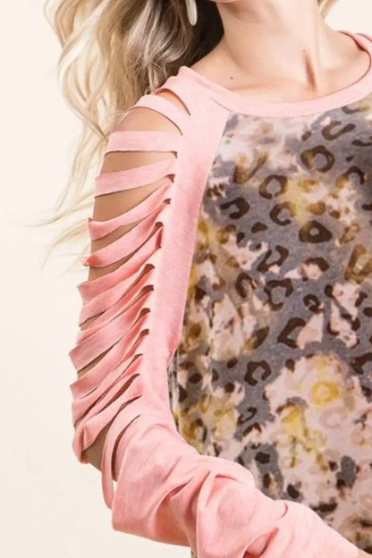 BiBi Tie Dye Leopard Burn Out Top with Contrast