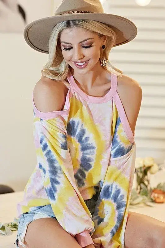 BiBi Tie Dye Print Terry Top with Cold Shoulder Detail - Cold Shoulder