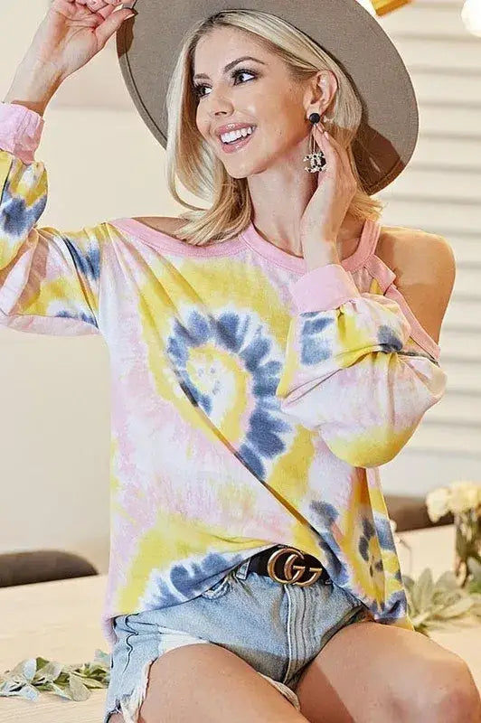 BiBi Tie Dye Print Terry Top with Cold Shoulder Detail - Cold Shoulder