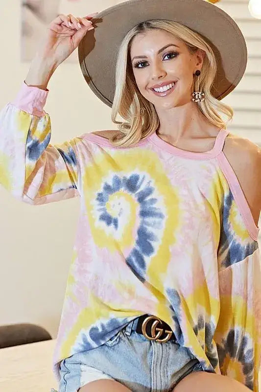 BiBi Tie Dye Print Terry Top with Cold Shoulder Detail - Cold Shoulder