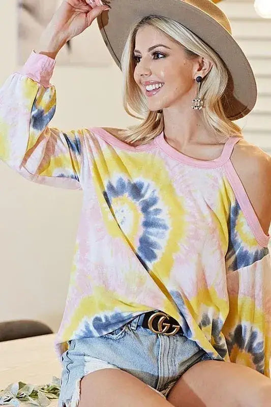 BiBi Tie Dye Print Terry Top with Cold Shoulder Detail - Cold Shoulder