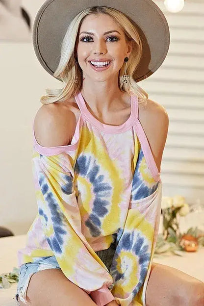 BiBi Tie Dye Print Terry Top with Cold Shoulder Detail - Cold Shoulder