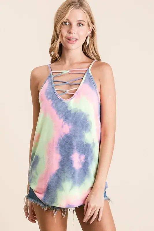 BiBi Tie Dye Terry Camisole with Caged Neck - CHARCOAL TIE DYE / S