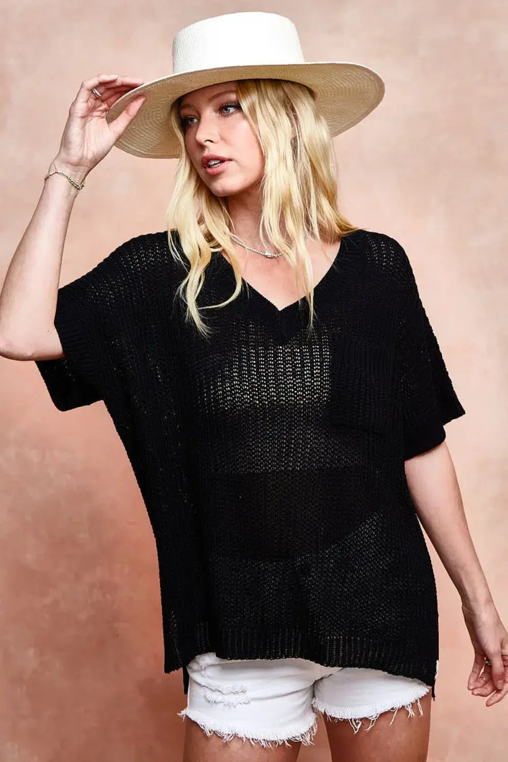 BiBi V-Neck Short Sleeve Knit Top - Black / S