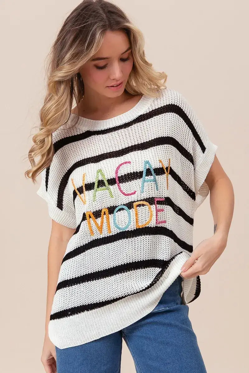 BiBi Vacay Mode Lettering Drop Shoulder Striped Sweater