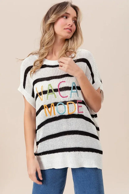 BiBi Vacay Mode Lettering Drop Shoulder Striped Sweater