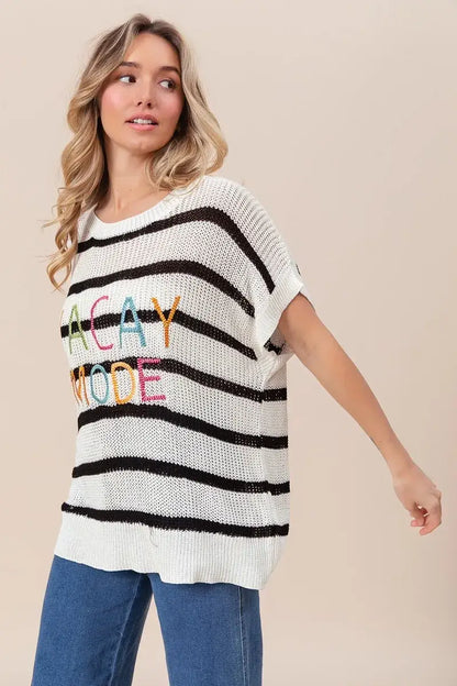 BiBi Vacay Mode Lettering Drop Shoulder Striped Sweater