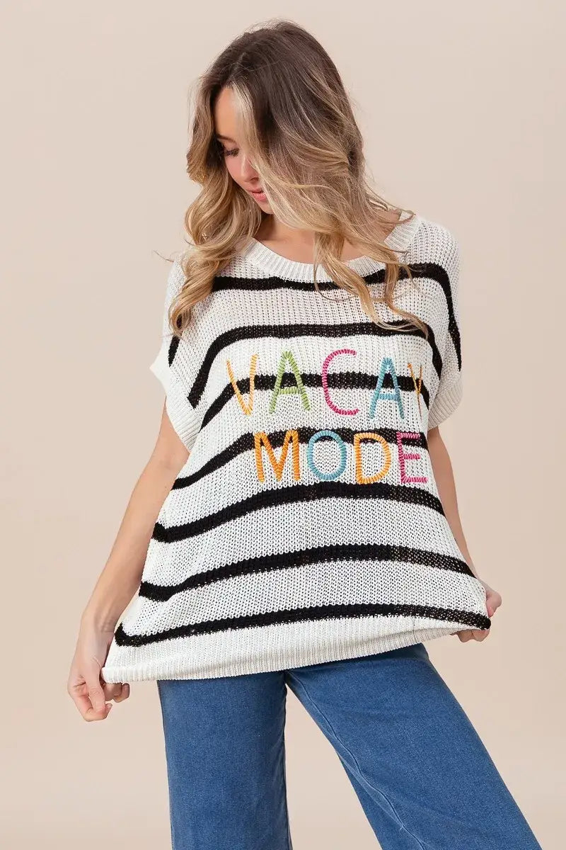 BiBi Vacay Mode Lettering Drop Shoulder Striped Sweater