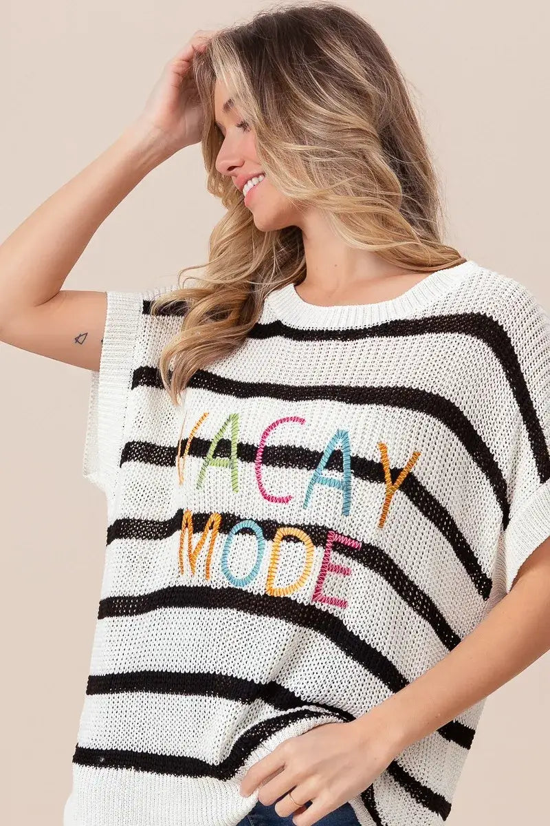 BiBi Vacay Mode Lettering Drop Shoulder Striped Sweater