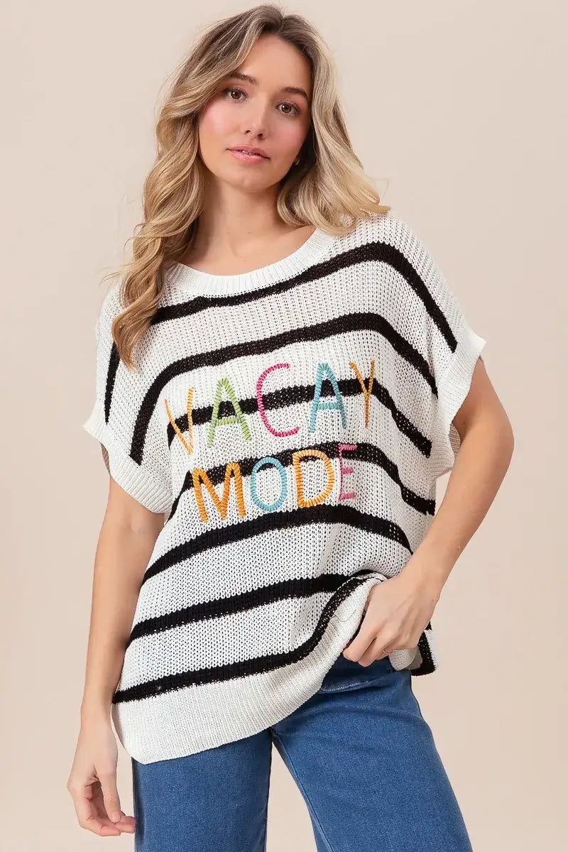 BiBi Vacay Mode Lettering Drop Shoulder Striped Sweater - BLACK / S