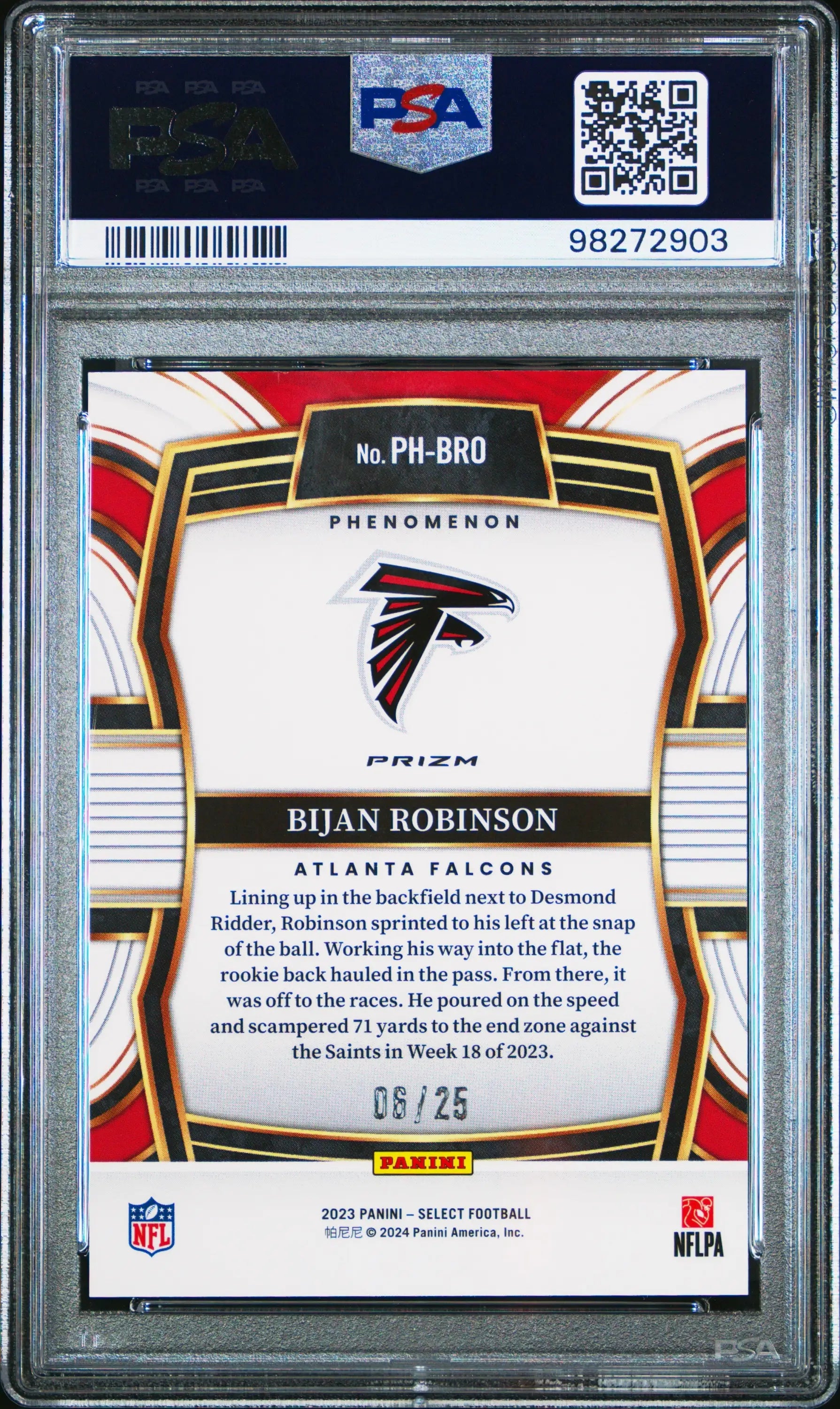 PSA-graded Bijan Robinson 2023 Panini Select Phenomenon Tie-Dye Prizm card 06/25