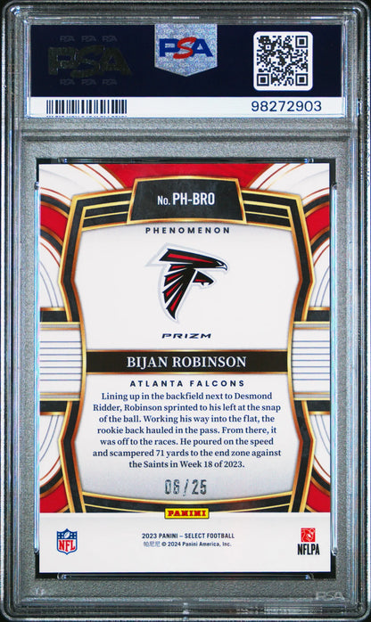 PSA-graded Bijan Robinson 2023 Panini Select Phenomenon Tie-Dye Prizm card 06/25