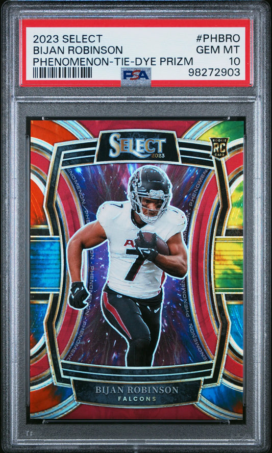 PSA-graded 2023 Select Bijan Robinson Tie-Dye Prizm in protective case for Panini Select