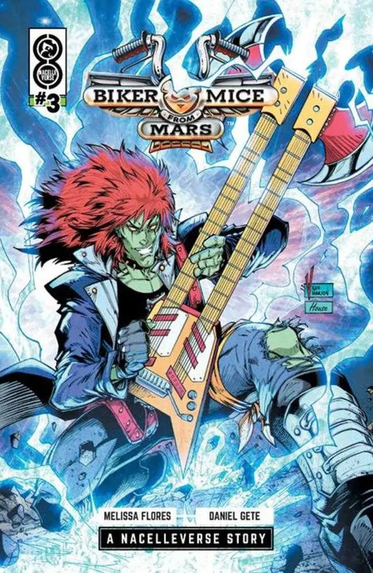 Comic book cover featuring green-skinned, red-haired character playing double-necked guitar biker mice from Mars 2025 #3