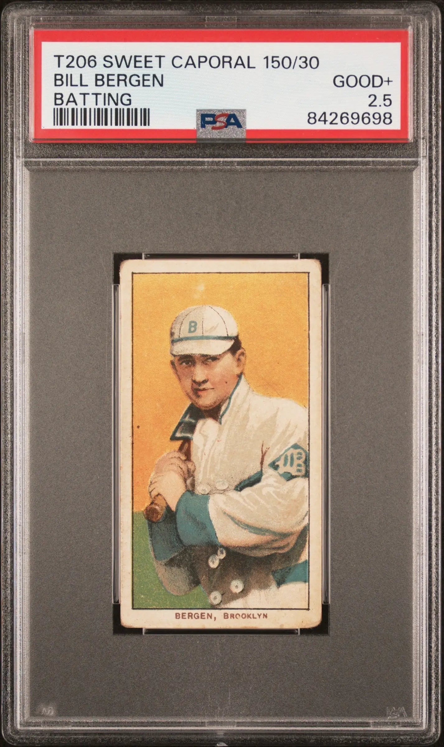 PSA-graded T206 Sweet Caporal card of Bill Bergen in white baseball uniform