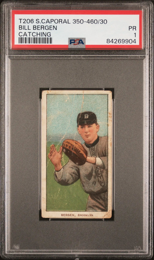 PSA-graded T206 Sweet Caporal card of Bill Bergen catching for Detroit Tigers