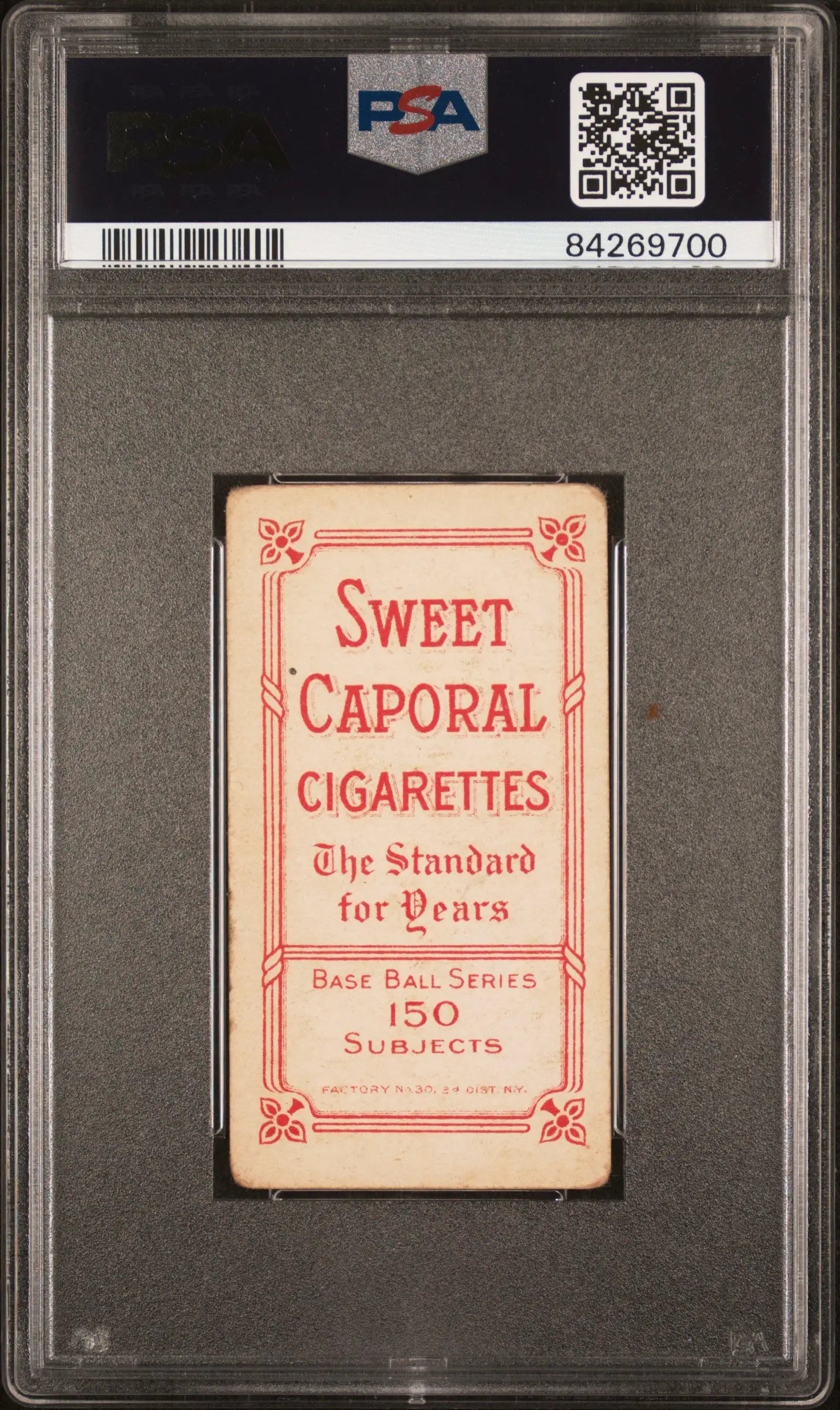 PSA-graded Bill Bradley T206 Sweet Caporal Cigarettes card with red text on light background