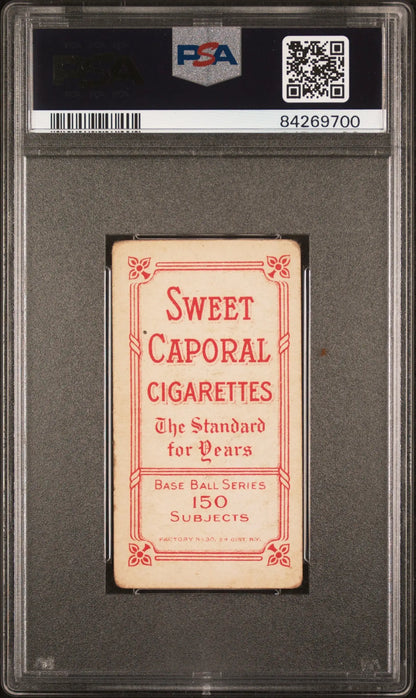 PSA-graded Bill Bradley T206 Sweet Caporal Cigarettes card with red text on light background