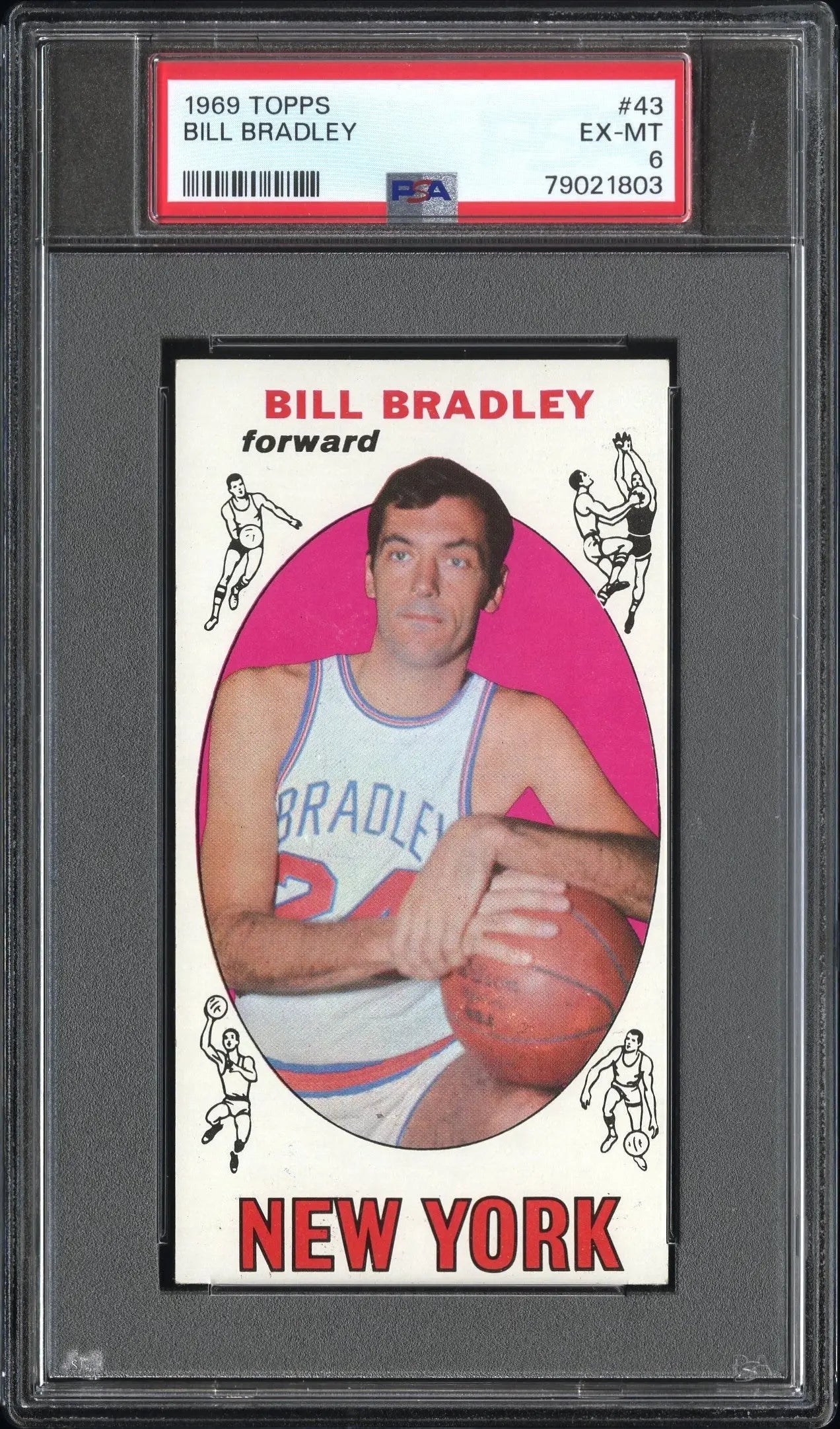 PSA-graded vintage trading card of Bill Bradley in a white Knicks jersey against pink background
