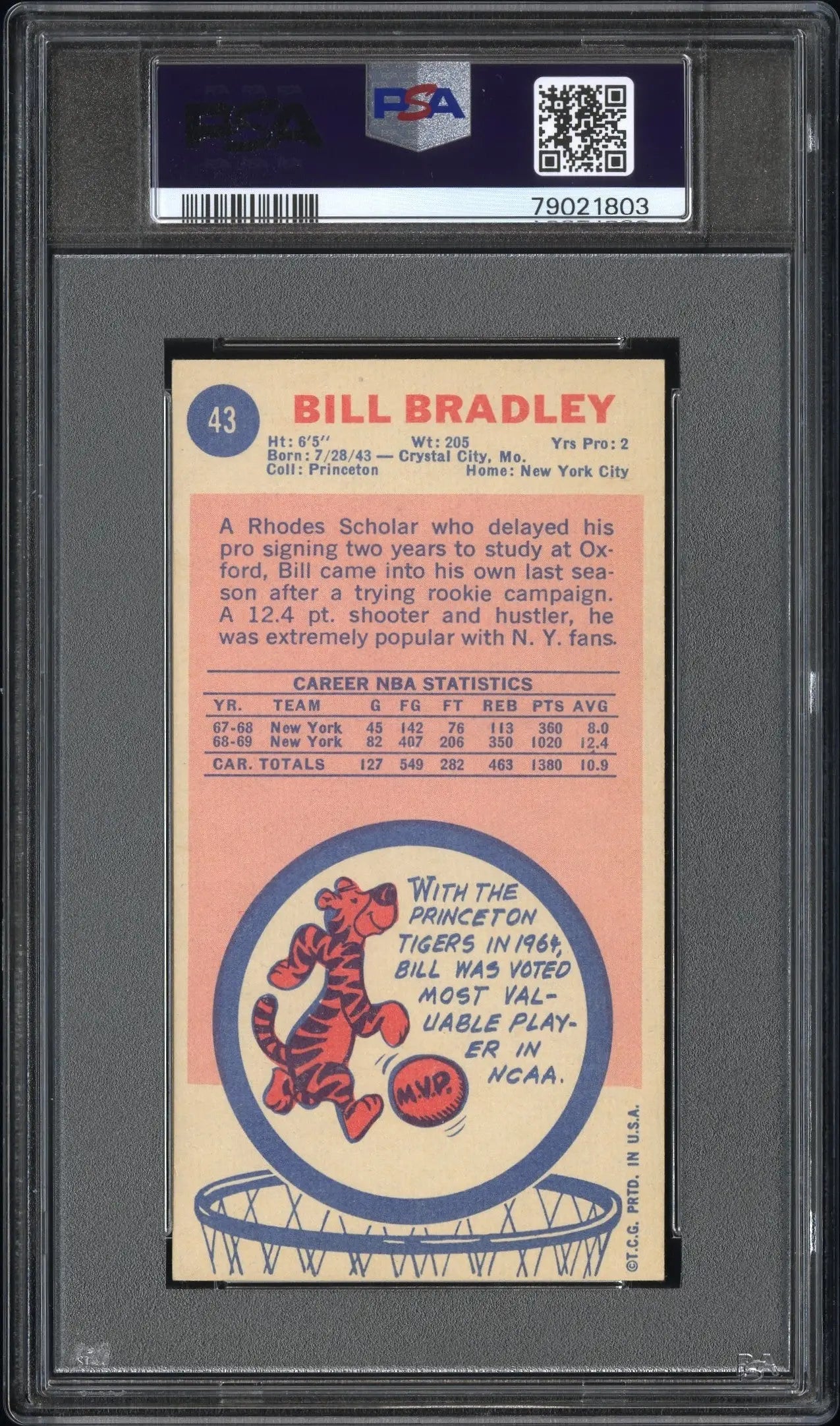 Vintage Bill Bradley 1969 Topps #43 trading card back with player stats and cartoon design
