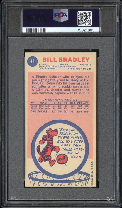 Vintage Bill Bradley 1969 Topps #43 trading card back with player stats and cartoon design