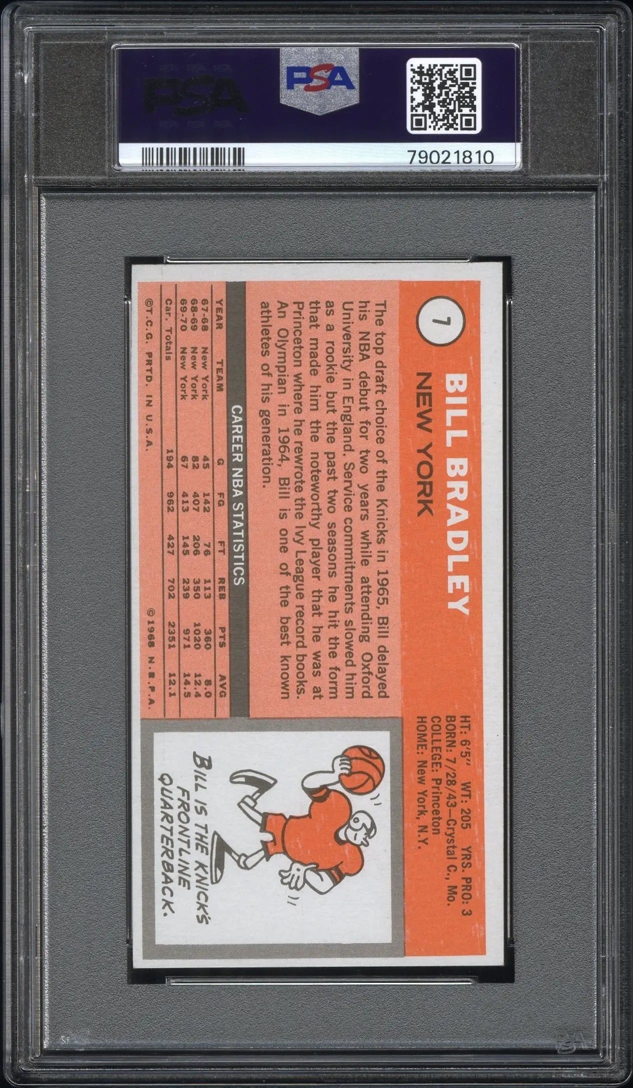 PSA-graded Bill Bradley 1970 Topps #7 vintage baseball card with orange back illustration