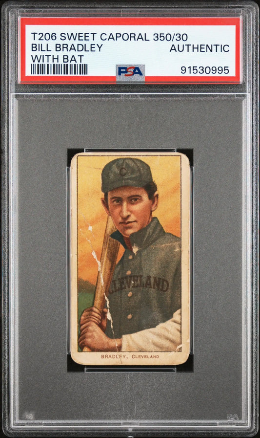 PSA-graded T206 Sweet Caporal card of Bill Bradley holding a bat in a dark vest
